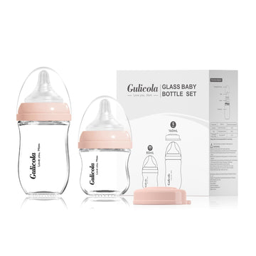 Gulicola Natural Glass Baby Bottle Newborn Set, 3 Oz And 5 Oz With Extra Slow Flow & Slow Flow Nipple, Anti Colic, 0-3 Months, 2