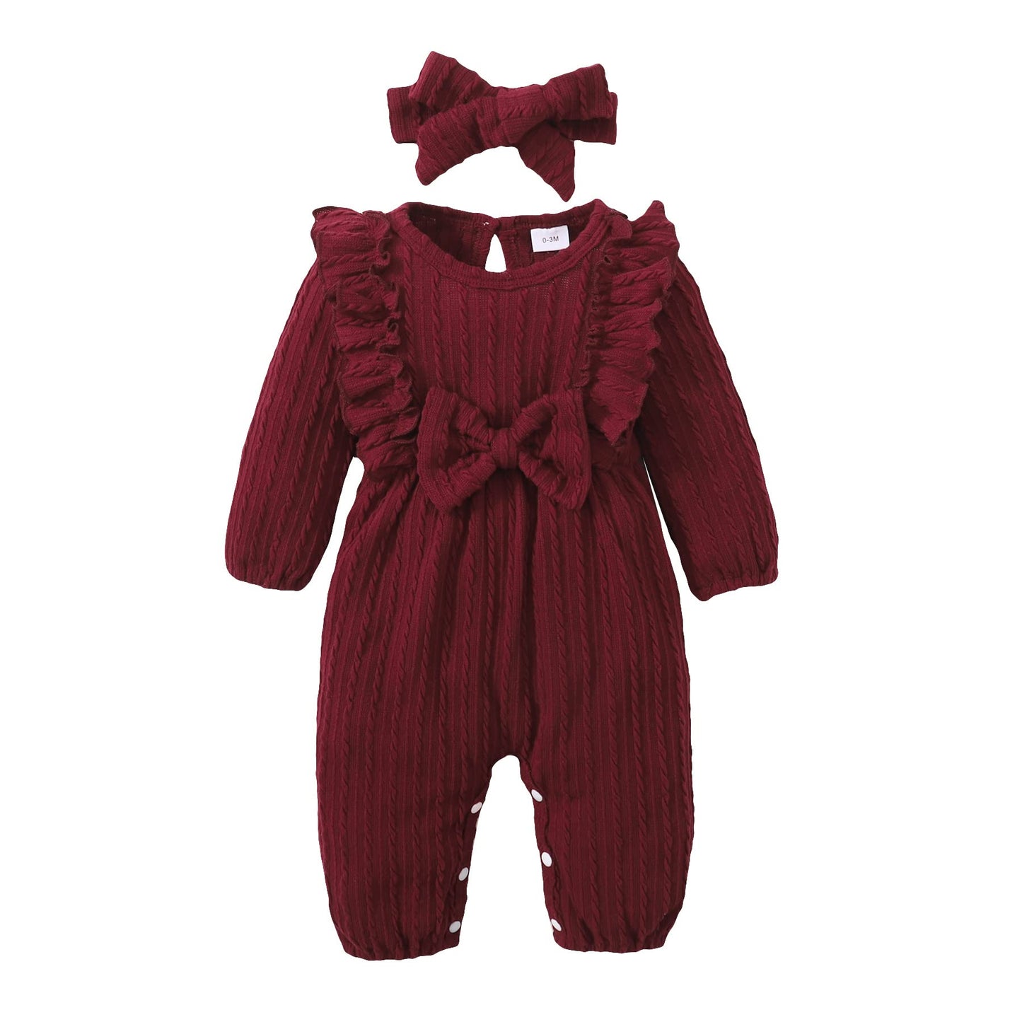 Happy Town Baby Girl Romper Infant Fall Winter Clothes Ruffle Sweater Long Sleeve Bodysuit Jumpsuit And Headband (Red, 12-18 Mon