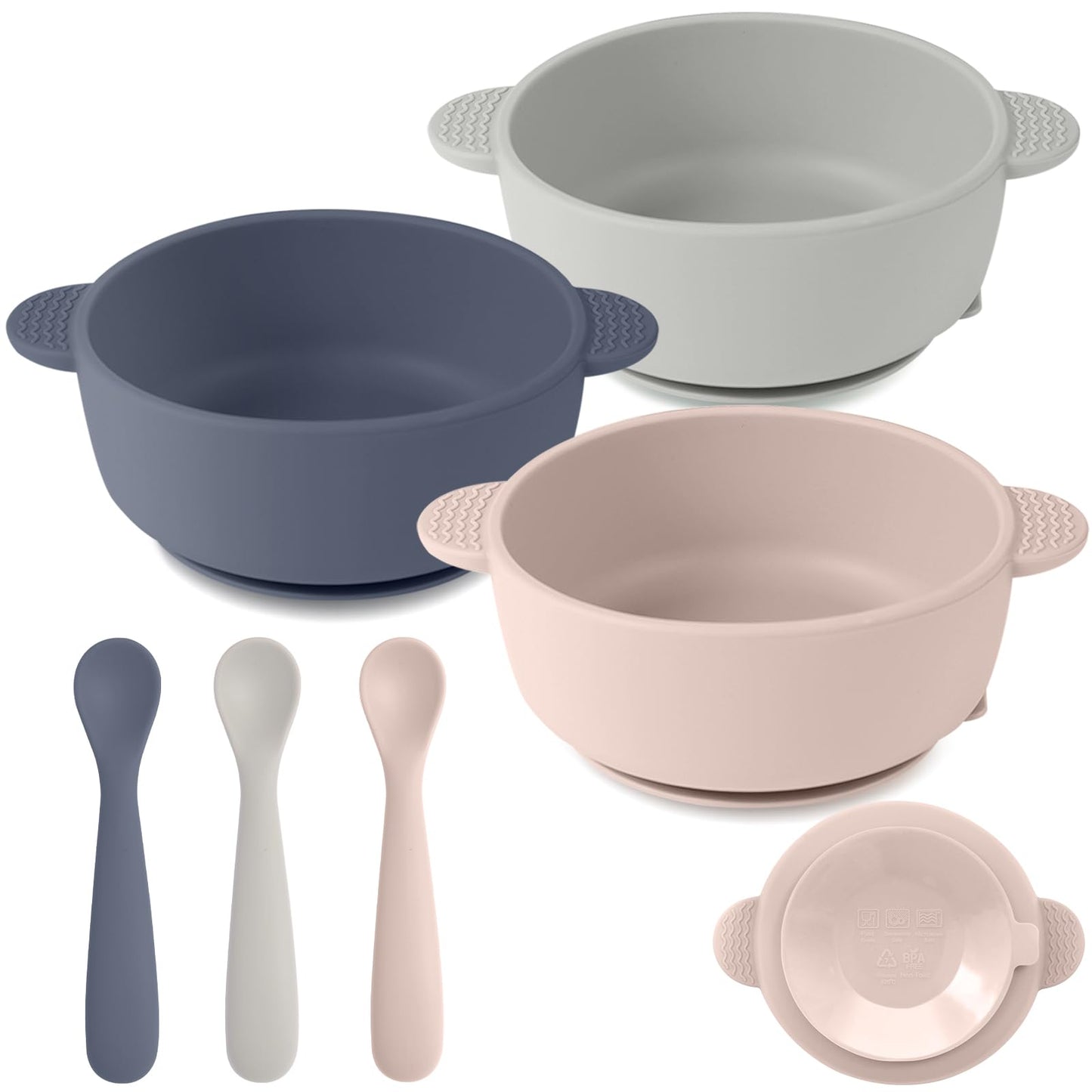 Eascrozn Silicone Baby Feeding Set, 3 Pack Baby Bowls with Suction and 3 Pack Baby Spoons for Babies Toddlers Kids, BPA Free, Ba