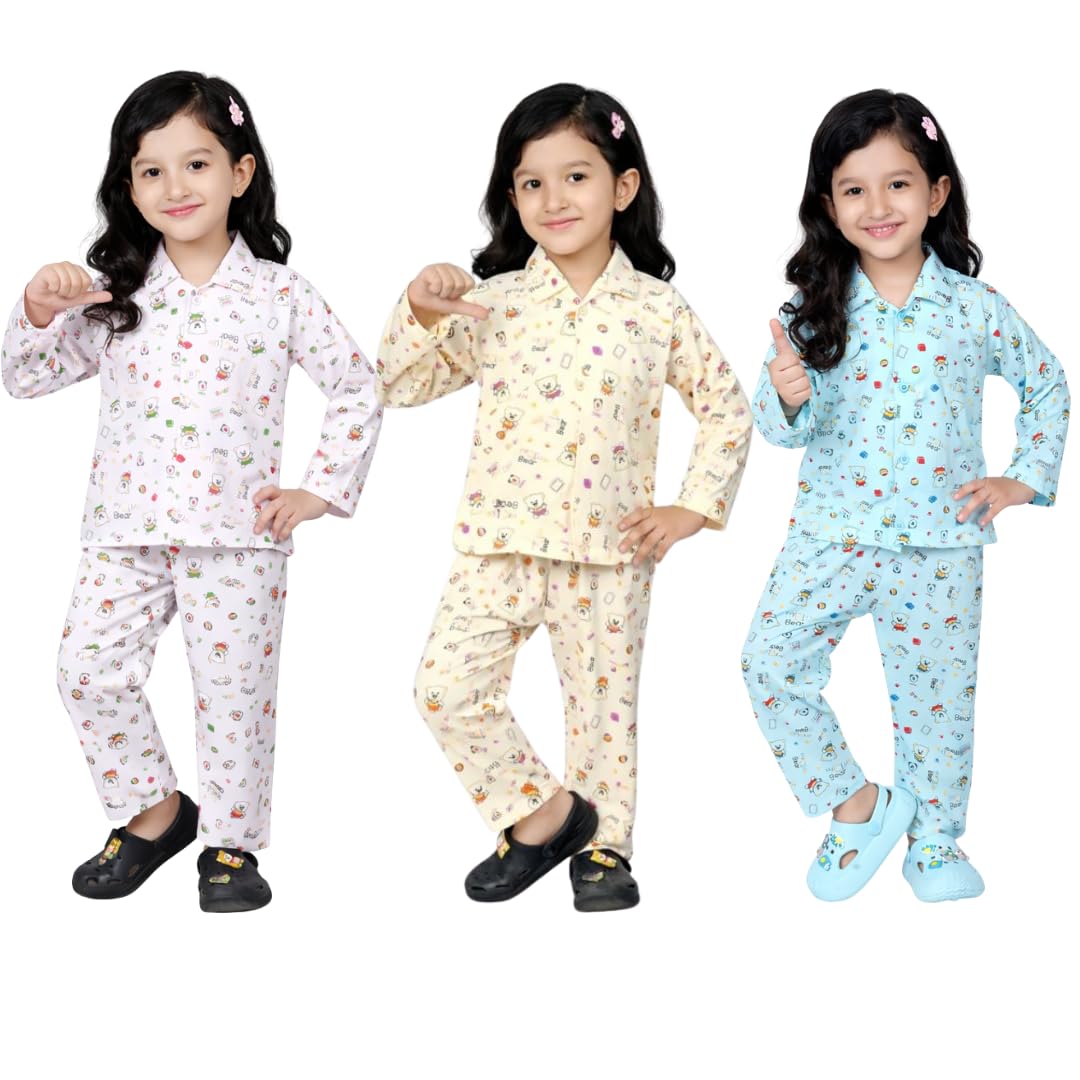 BORNLOV Girls Cotton Night Suit Set, Full Sleeves, Pink, Yellow and Blue Bear Printed Pajama Set, Pack of 3  (11 Years12 Years
