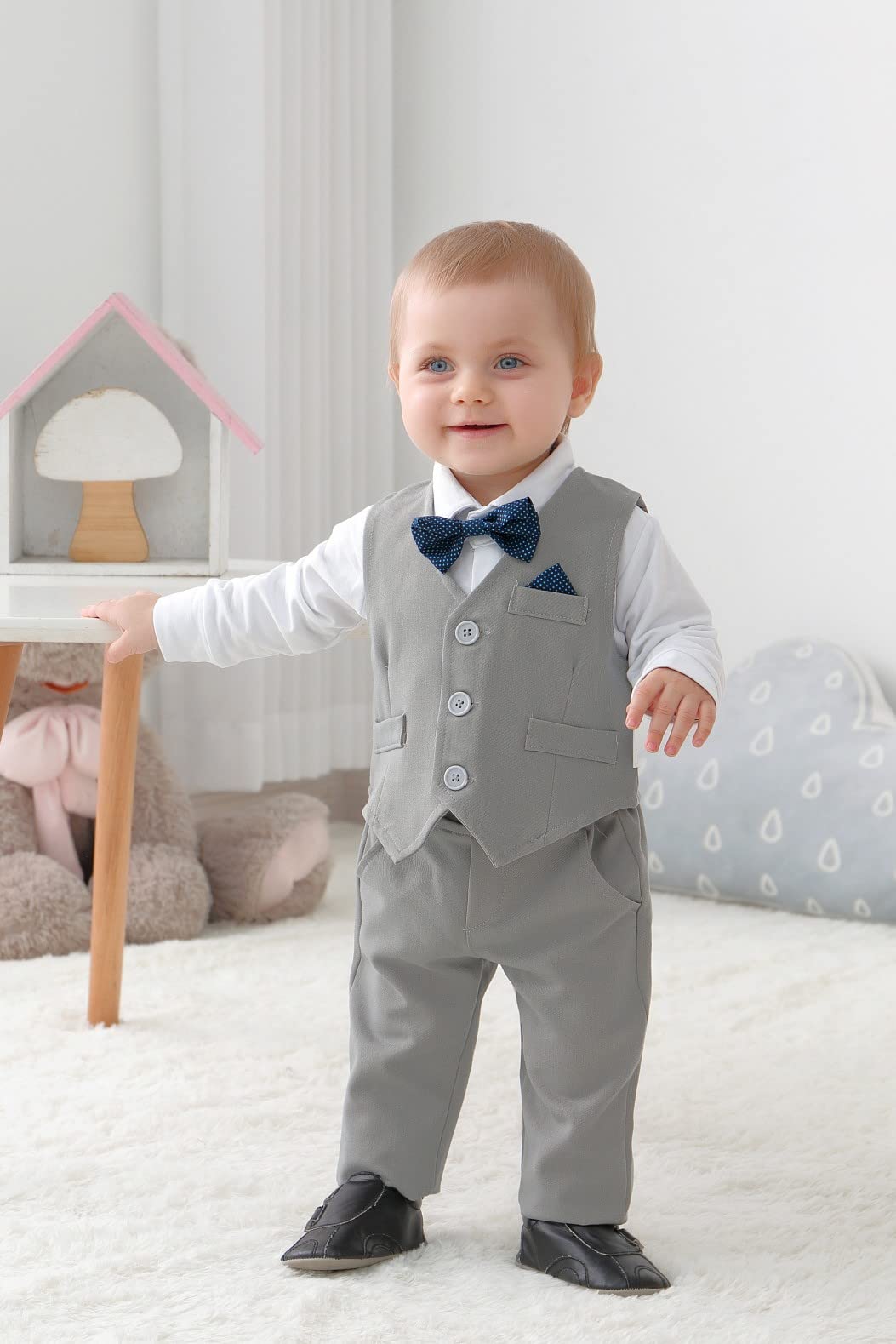 Disaur Baby Boy Formal Outfits Long Sleeve Infant White Shirt Gray Vest Pants Bow Tie Baby First Halloween Outfit Boy 18 24 Mont