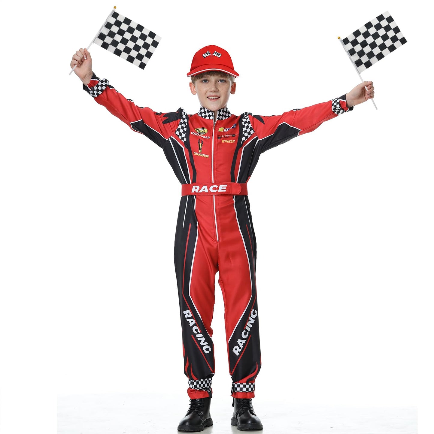 Treyrea Race Car Driver Costume Boys Racer Jumpsuit With Car Cap Kids Dress Up For Halloween (Red And Black, Xl(For Height 57'-