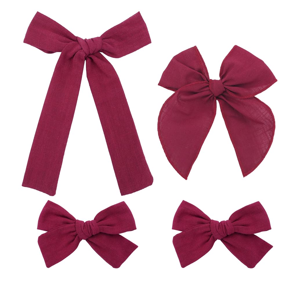 3 Styles Hair Bow Clips for Little Girls Toddler Baby Mom Women Hair Barrettes Accessories 4 Pcs Cotton Linen Bows Scarlet