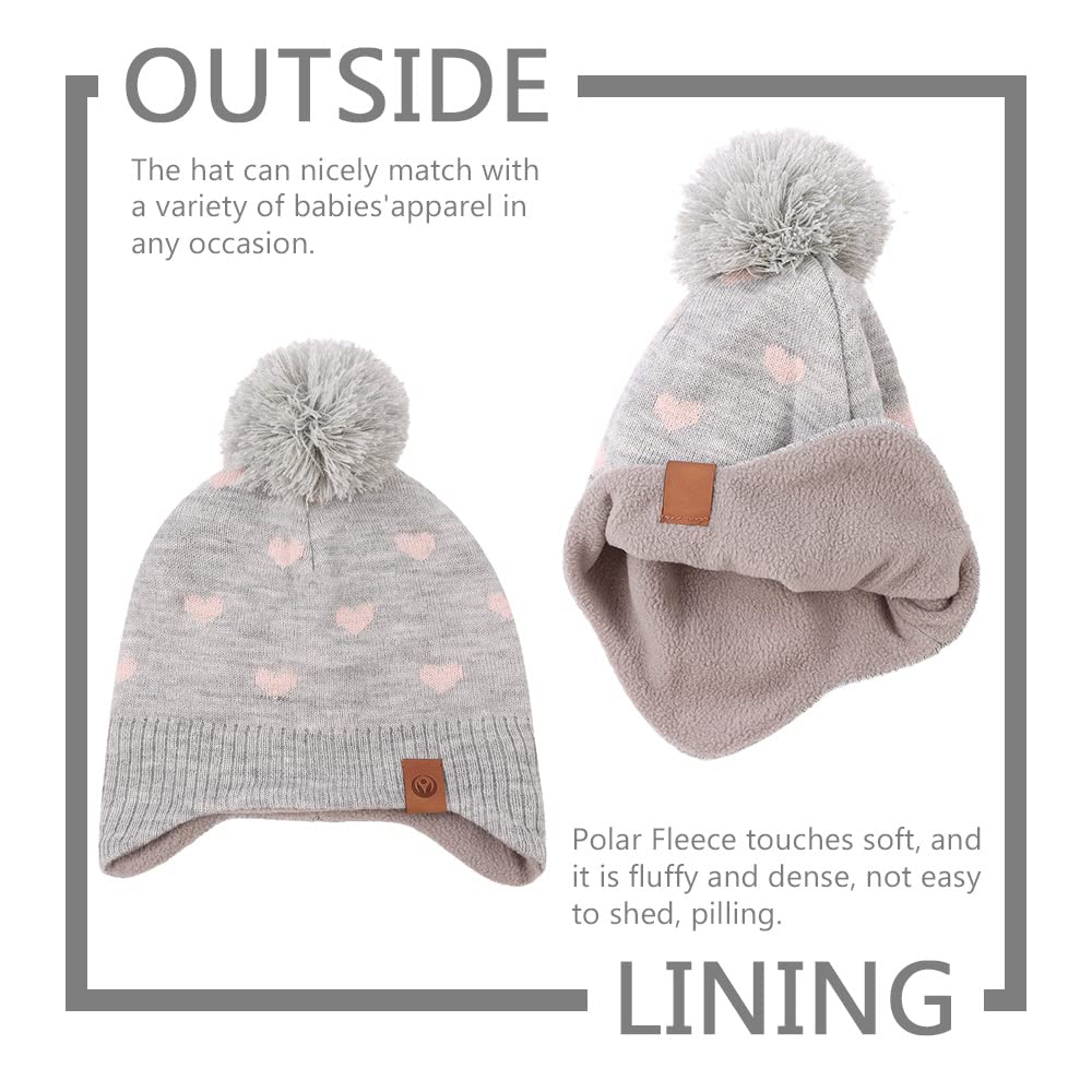 Knitted Pink Baby Hat Scarf Set Winter Warm Girls Beanie Fleece Lining Toddler Kids Hat With Pompom (Gray Heart Hat Scarf,L)