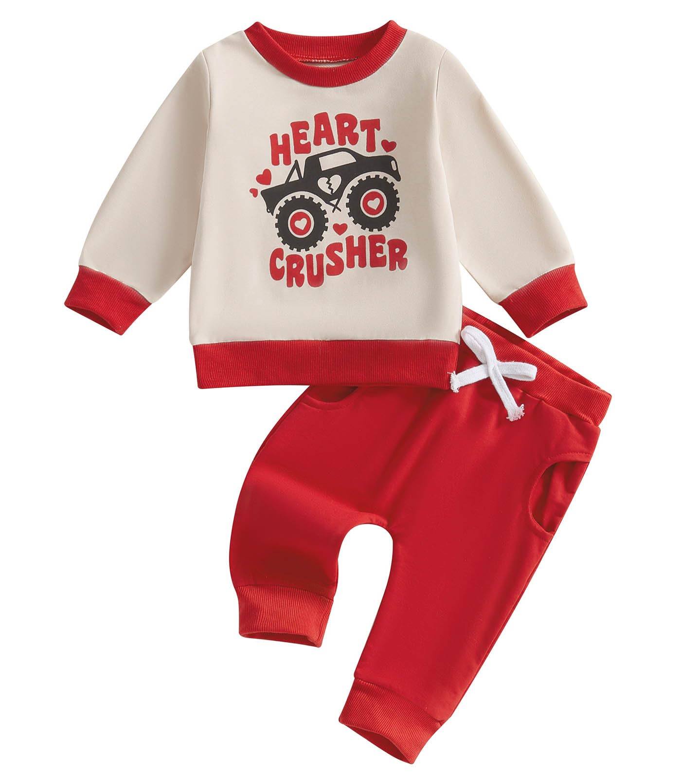 TheFound Toddler Boys Valentines Day Outfits Heart Truck Print Long Sleeve Sweatshirts Top Long Pants Newborn Baby Clothes (Red
