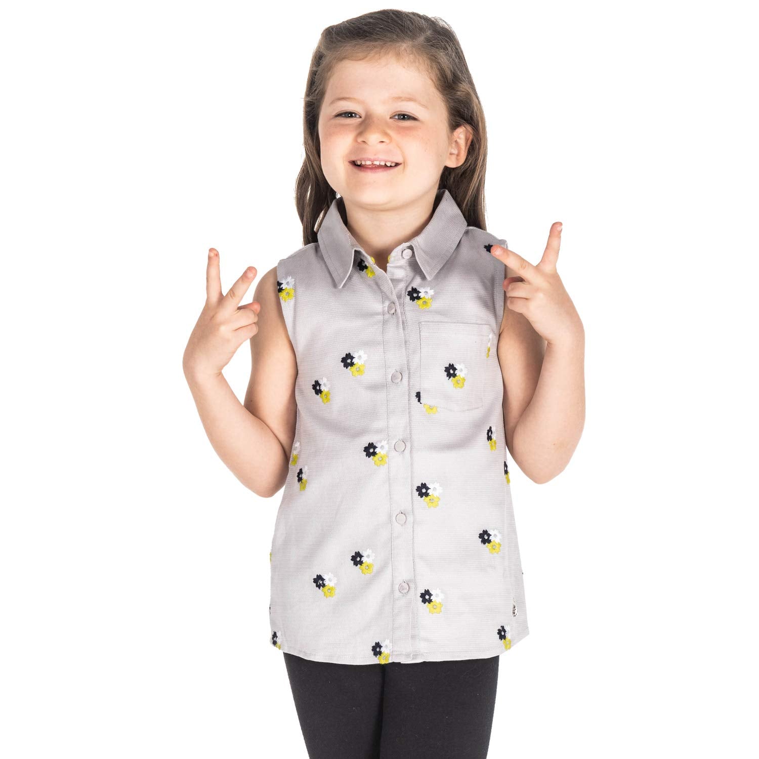 Cherry Crumble Grey Embroidery & Printed 100% Cotton Sleeveless Shirt Collar Casual Wear Regular Fit Embroidered Summer Top for 