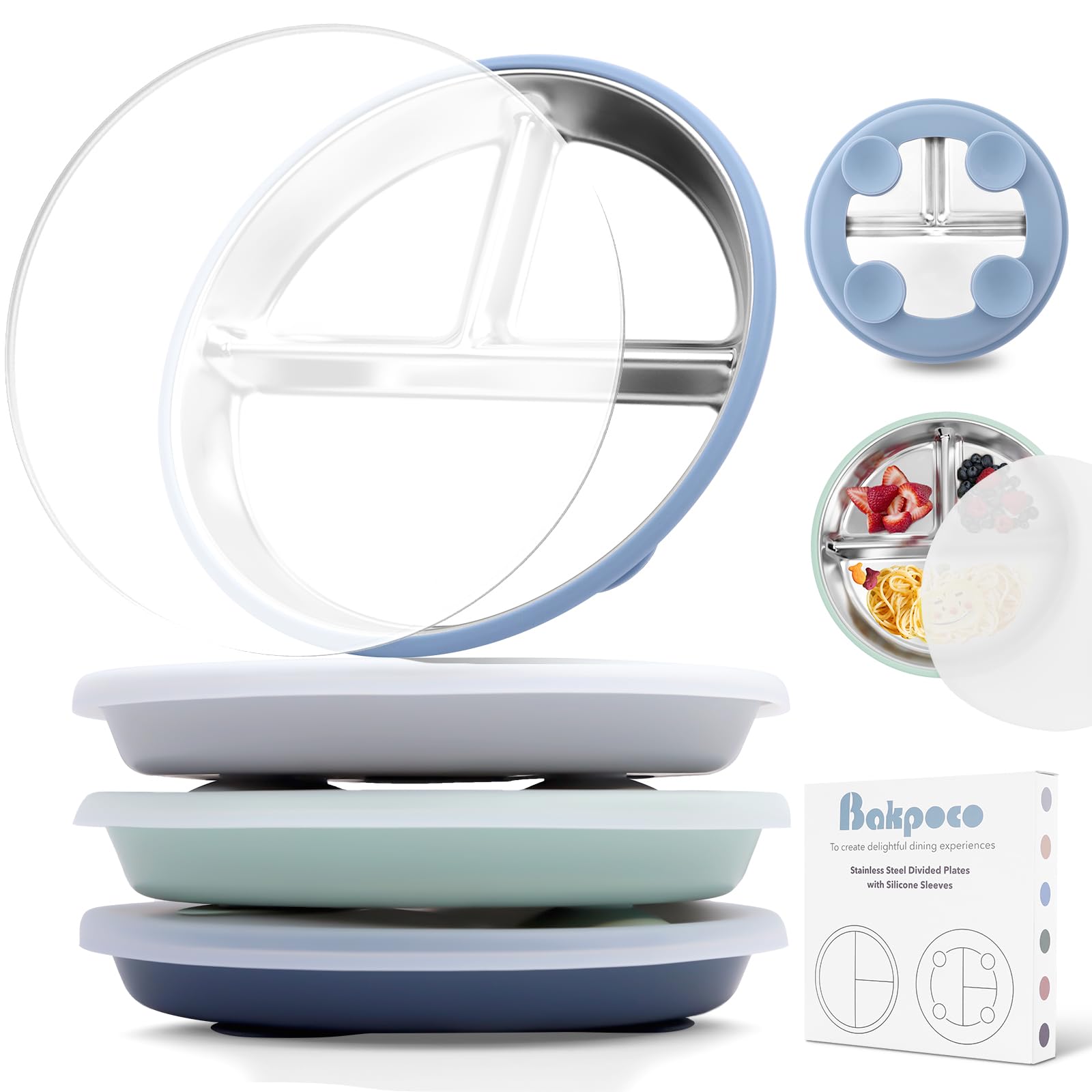 Bakpoco Stainless Steel Toddler Suction Plate with Lid, Deepened 9 Divided Plates with Removable Silicone Sleeves for Kids, Non 