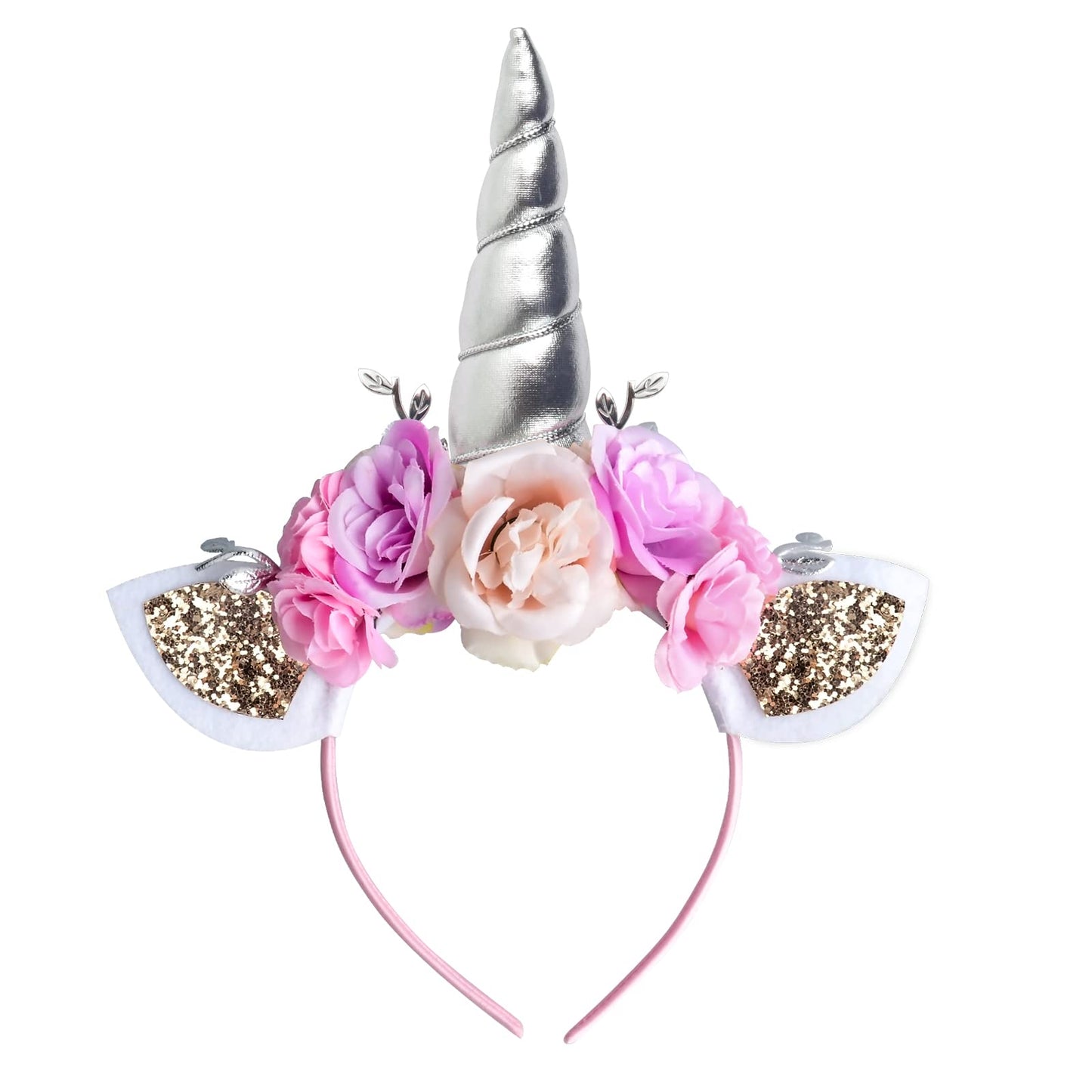 Ahier Unicorn Headband, Silver Glitter Horn Headband Cat Ear Head Bands Flowers Headwear Accessory For Unicorn Party Supplies