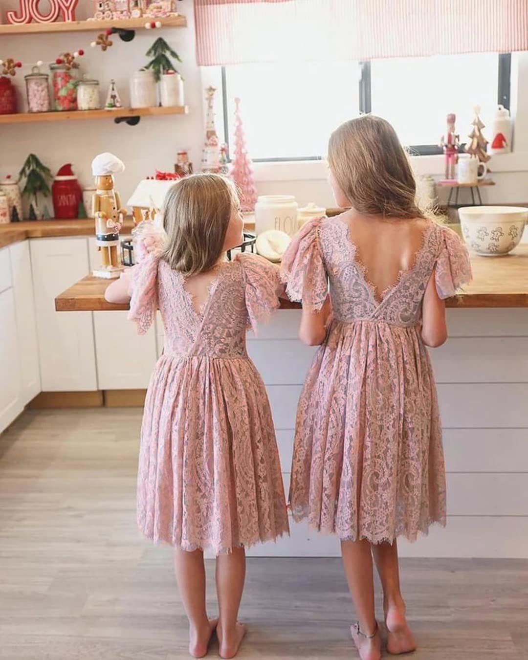 2Bunnies Girl Paisley Lace Back A-Line Tutu Tulle Party Flower Girl Dress (All Lace Flutter Sleeve Knee-Dusty Pink, 7/8)