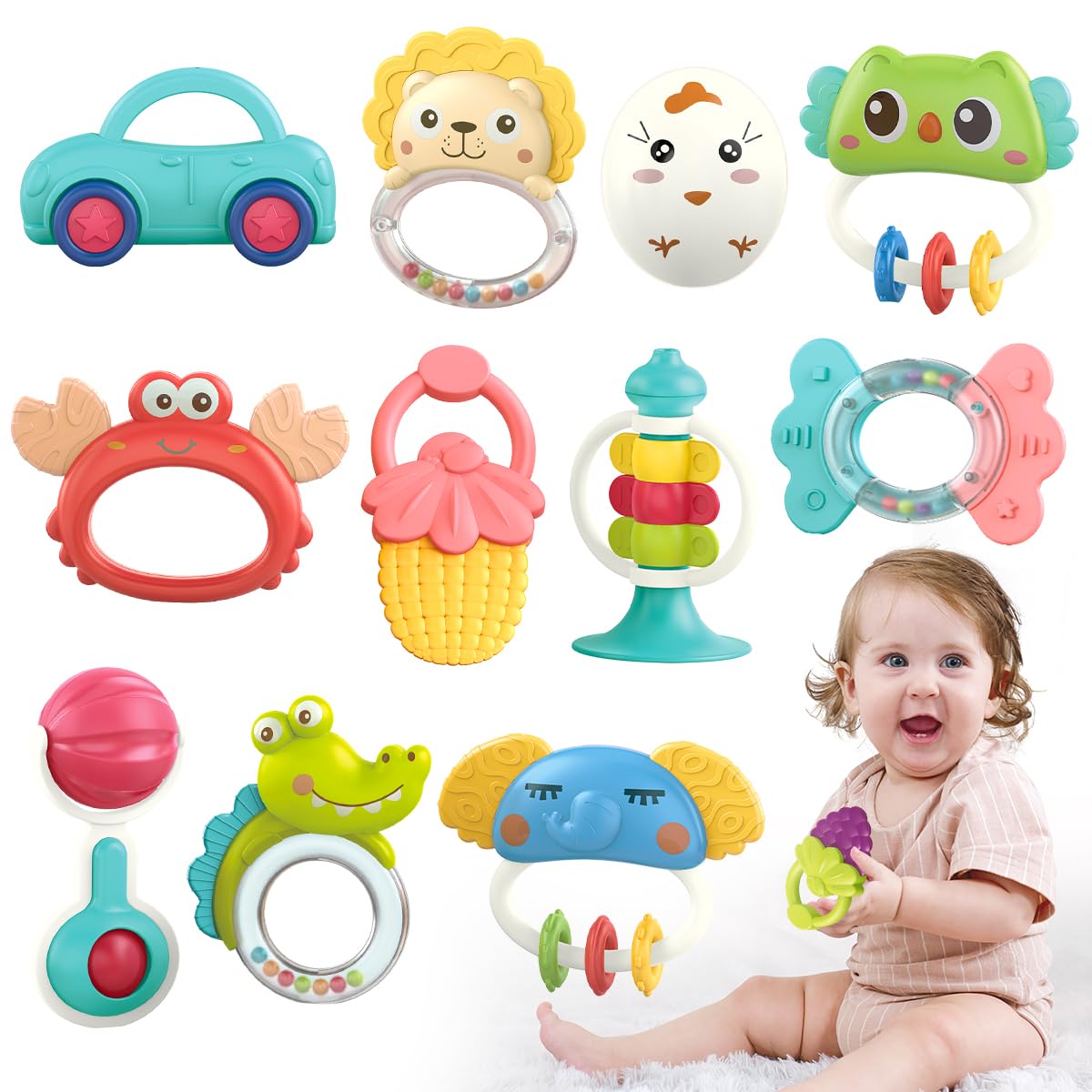 Qizebaby Baby Toys 6 to 12 Months, 12PCS Rattle Baby Teething Toys, Shaker Grab and Spin Rattles Toy, Music Learning Toys for 0 