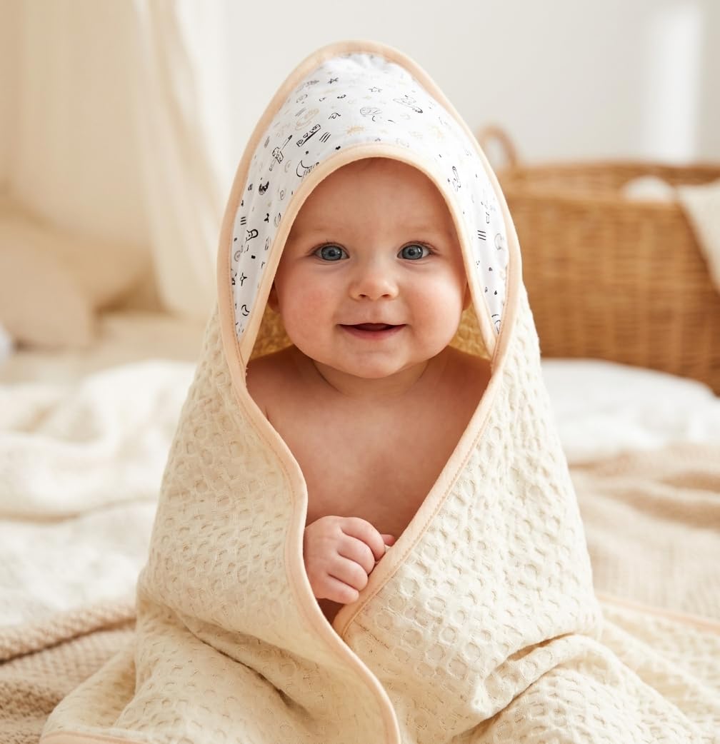 Baby Hooded Towel Wrap, Waffle Textured, Beige with Printed Hood