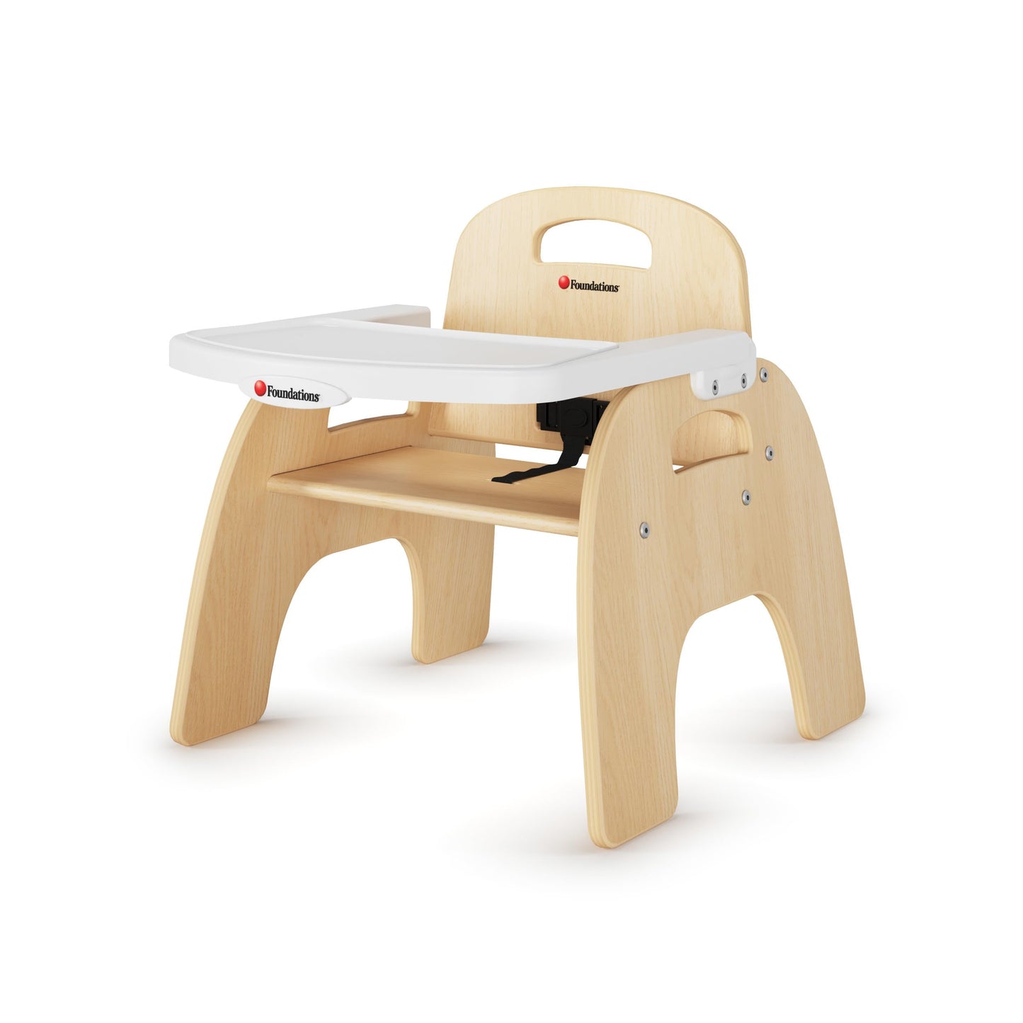 Foundations Easy Serve 9 Wood Feeding Chair for Toddlers, Adjustable Harness, Removable Dishwasher Safe Tray, No Tip    Base, Ba