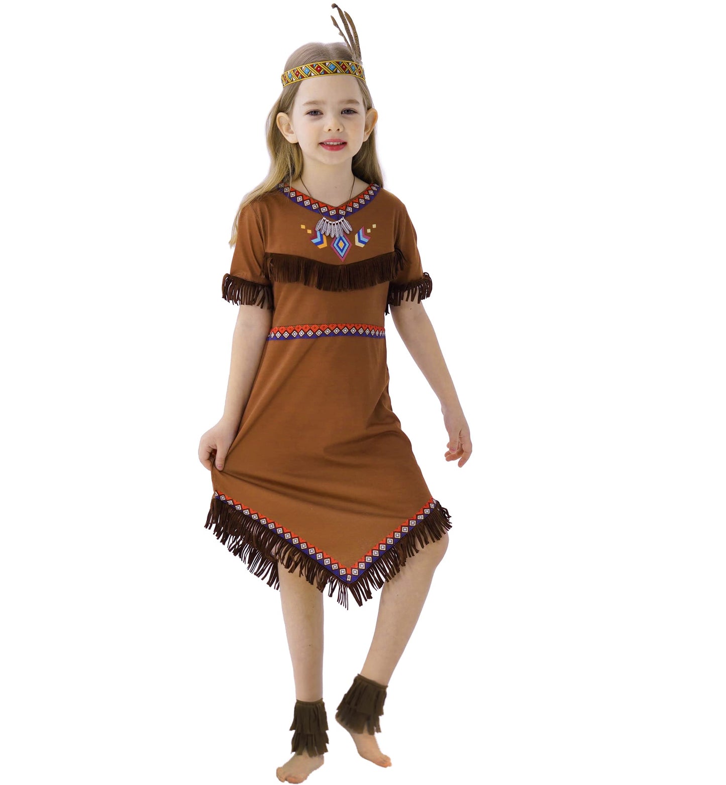 Native American Costume Girls Dress Indigenous American Indians Kids Cosplay 6-7 Years Brown