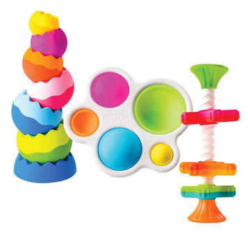 Fat Brain Toys Tobbles, Mini Spinny, Dimpl Bundle - 9-Piece Stacking Toys, Spinning Toy, Popper Toy Combo, Baby Toys Activity Se