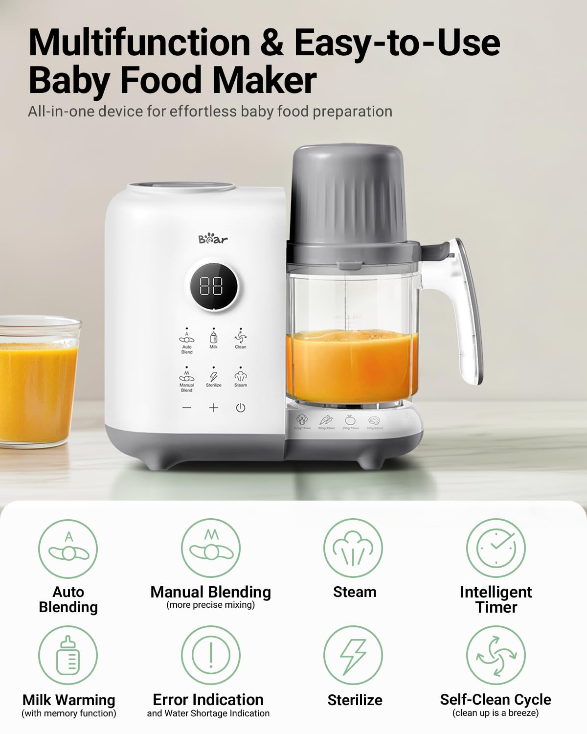 Bear Baby Food Maker with Two Layer Steam Baskets, One Step Baby Food Processor Steamer Puree Blender, Baby Food Mill with Bottl
