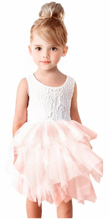 2Bunnies Girl Peony Lace Back A-Line Tiered Tutu Tulle Flower Girl Dress (No Applique Pink, 9-10Yrs)