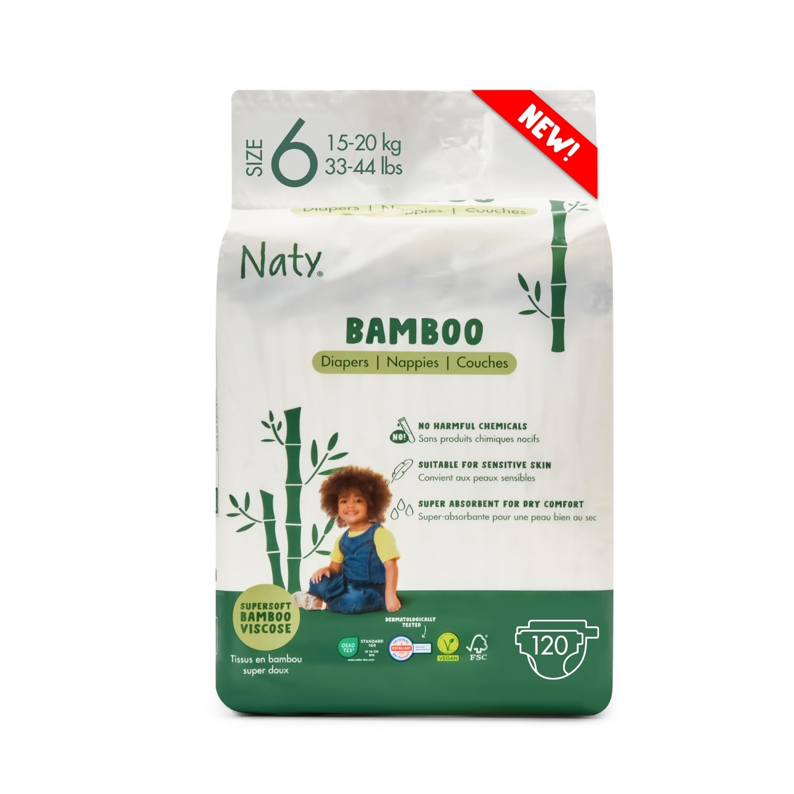 Naty Bamboo Viscose Baby Diapers - Silky Soft, Plant Based, Dermatologically Tested For Sensitive Skin & Super Absorbent (Size 6
