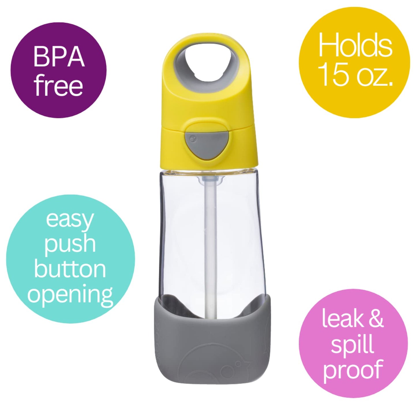 B.Box 15Oz Tritan Straw Bottle | Modern Water Bottle With Flip Straw For Toddlers & Kids | Spill Proof, Bpa Free (Lemon Sherbet,