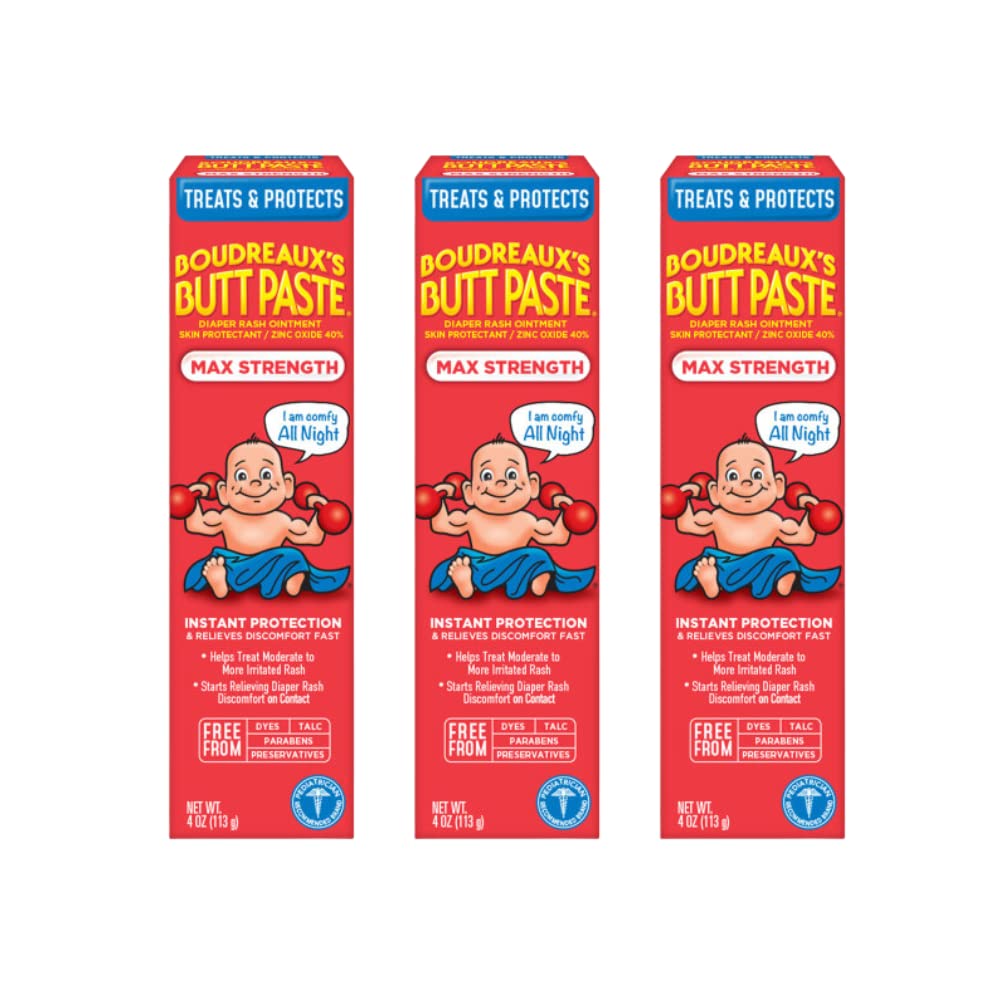 Boudreaux'S Butt Paste Maximum Strength Diaper Rash Cream, Ointment For Baby, 4 Oz. Tube, (Pack Of 3)