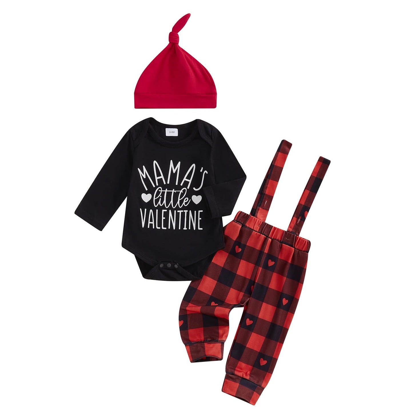 Beqeuewll Valentines Newborn Baby Boy 3Pcs Clothes Infant Long Sleeve Romper Cute Pattern Suspender Pants Overalls Outfits (Litt