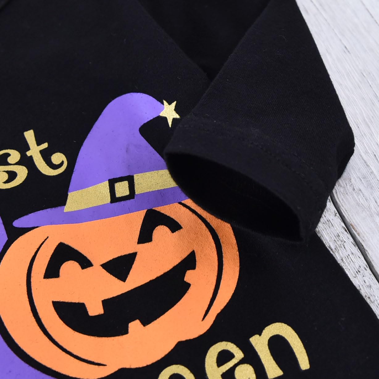 Minifeiko My First Halloween Baby Girl Outfit 3Pcs Pumpkin Bodysuit + Tulle Skirt + Bow Headband Clothes Set (Black & Purple, 3-