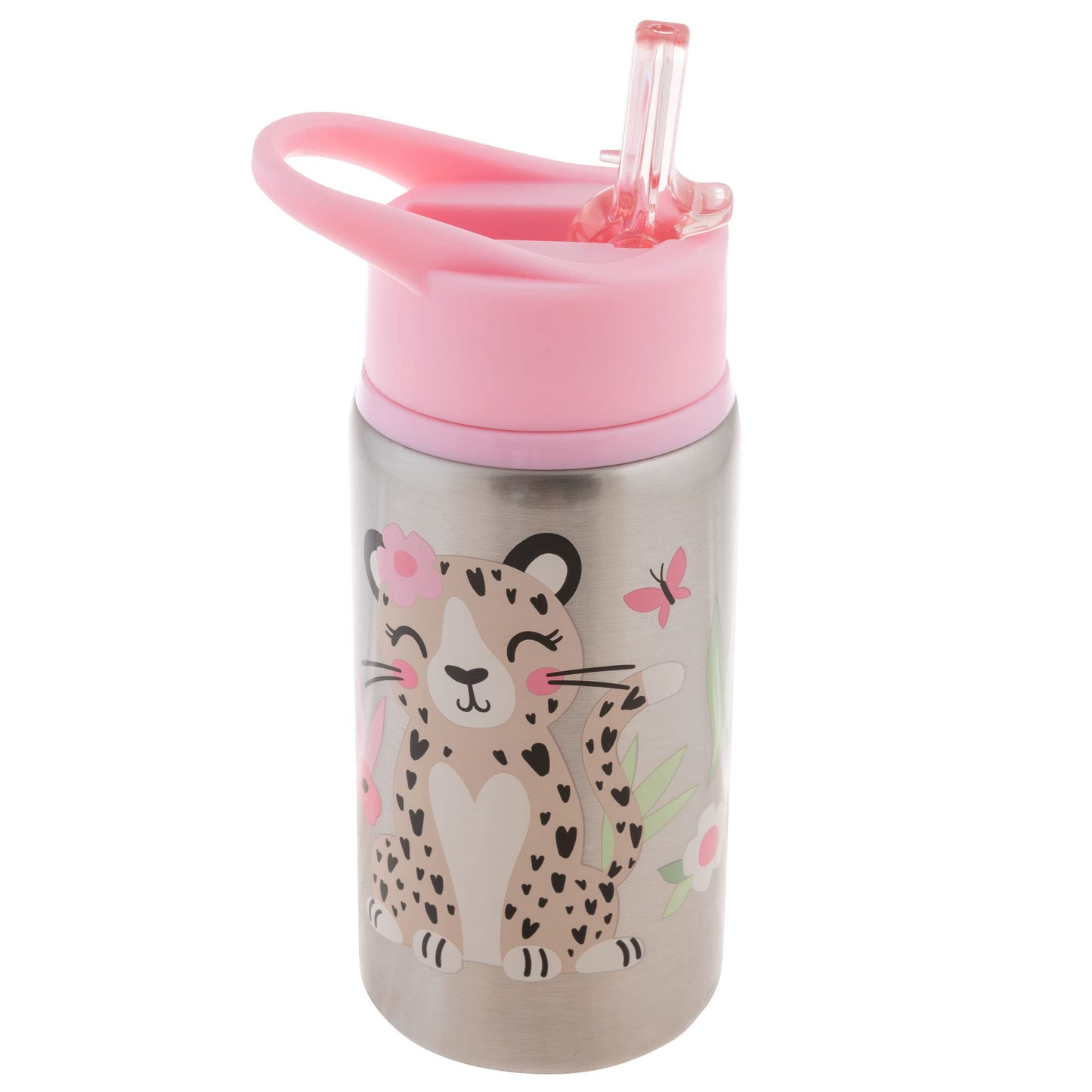 Stephen Joseph Stainless Steel Water Bottles, 18 OZ, Straw lid, Reusable tumbler, Insulated, Leopard