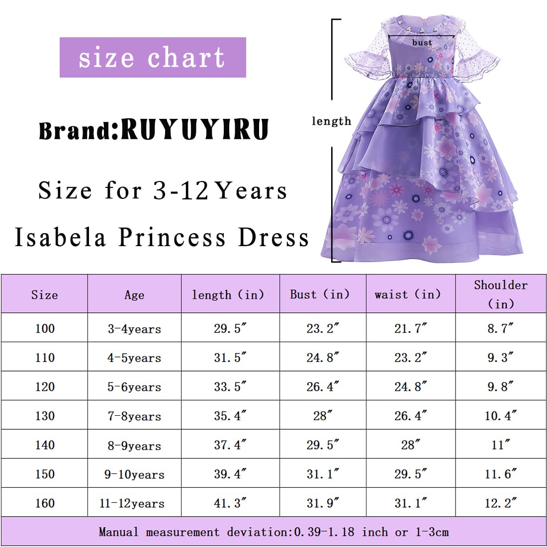 Ruyuyiru Encanto Mirabel Cosplay Costume For Girls Isabela Mirabe Madrigal Princess Dress Up Halloween Paty Dresses 130(Purple)