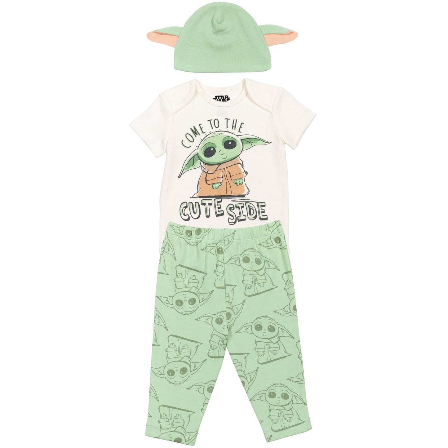 Star Wars Mandalorian Baby Yoda Baby Boys 3 Piece Outfit Set: Bodysuit Pants Hat 0-3 Months Green/White