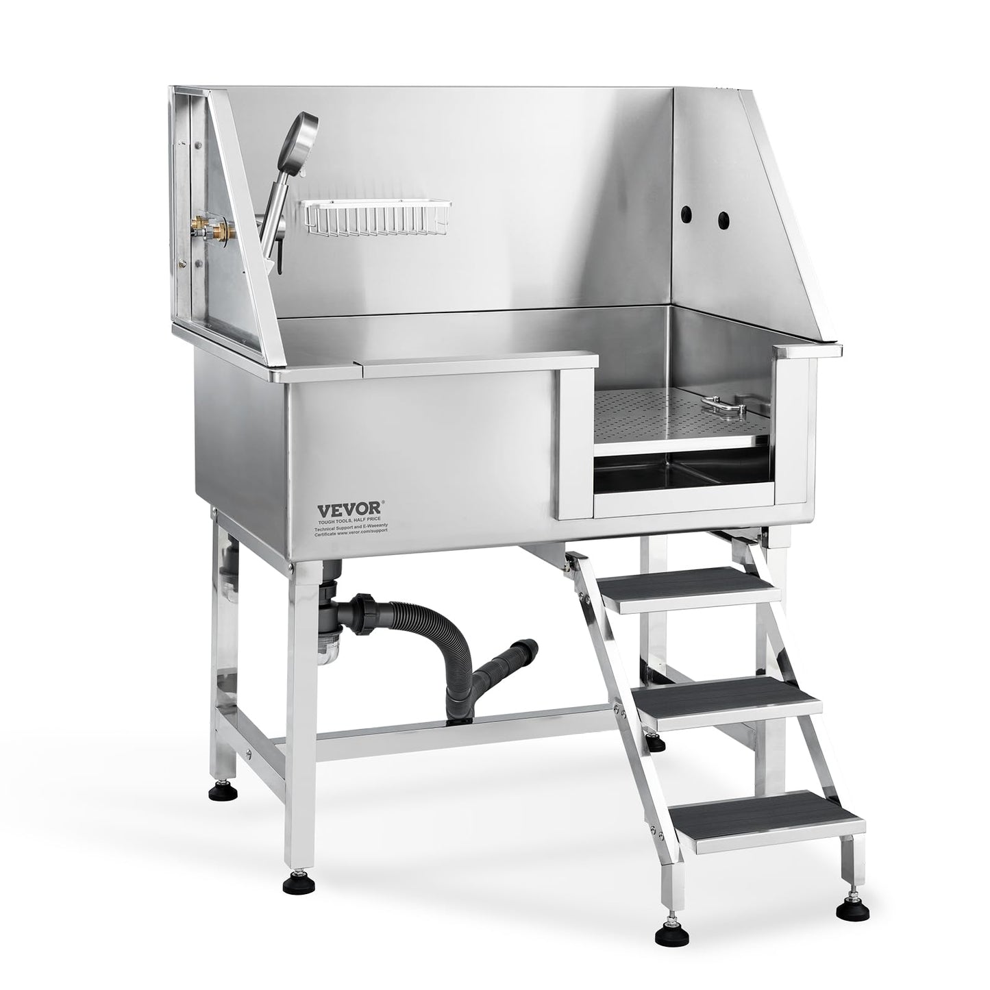 Vevor 38' Pet Dog Bathing Station W/Ramp, Professional Stainless Steel Dog Grooming Tub W/Storage Drawer, Floor Grate, Faucet,