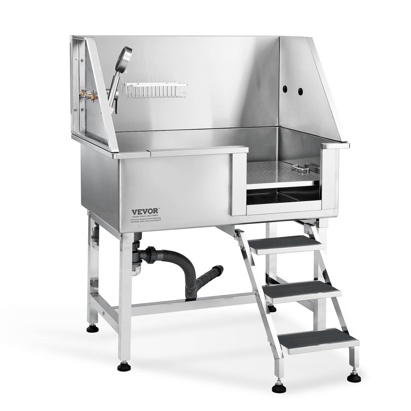 Vevor 38' Pet Dog Bathing Station W/Ramp, Professional Stainless Steel Dog Grooming Tub W/Storage Drawer, Floor Grate, Faucet,