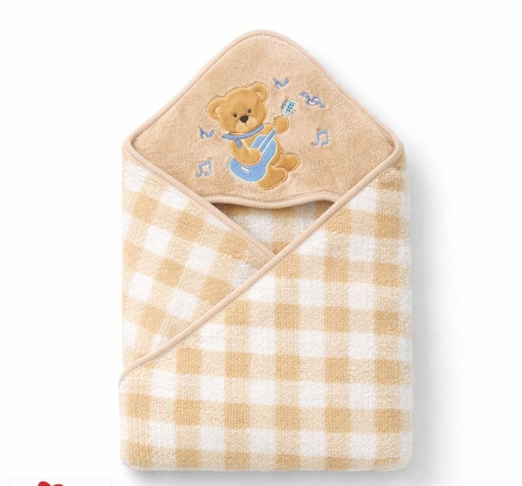 Hi mom Baby Hooded Towel, Peach Gingham, Teddy Bear Rainbow Embroidery, Soft Wrap for Infants (Brown)