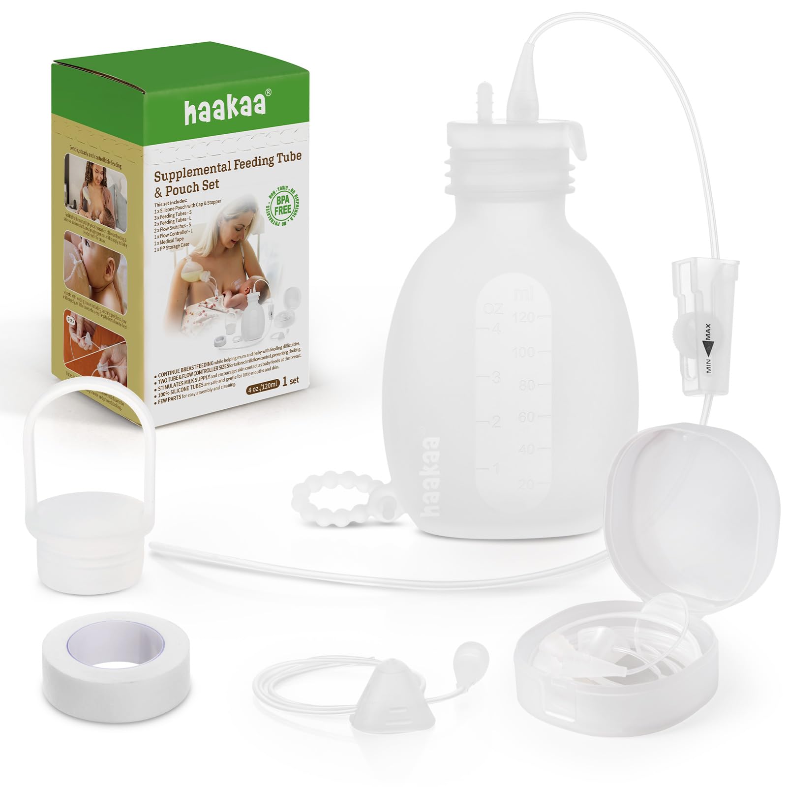 haakaa Supplemental Feeding Tube & Pouch Set, Baby Supplemental Nursing System, SNS Breastfeeding System, Food Grade Silicone, N