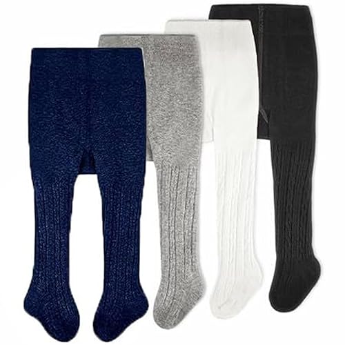 Cozyway Baby Tights For Girls - Cable Knit Cotton Leggings, Stockings, Whiteblacklight Graynavy Blue, 4 Pack, 1-2 Years Old