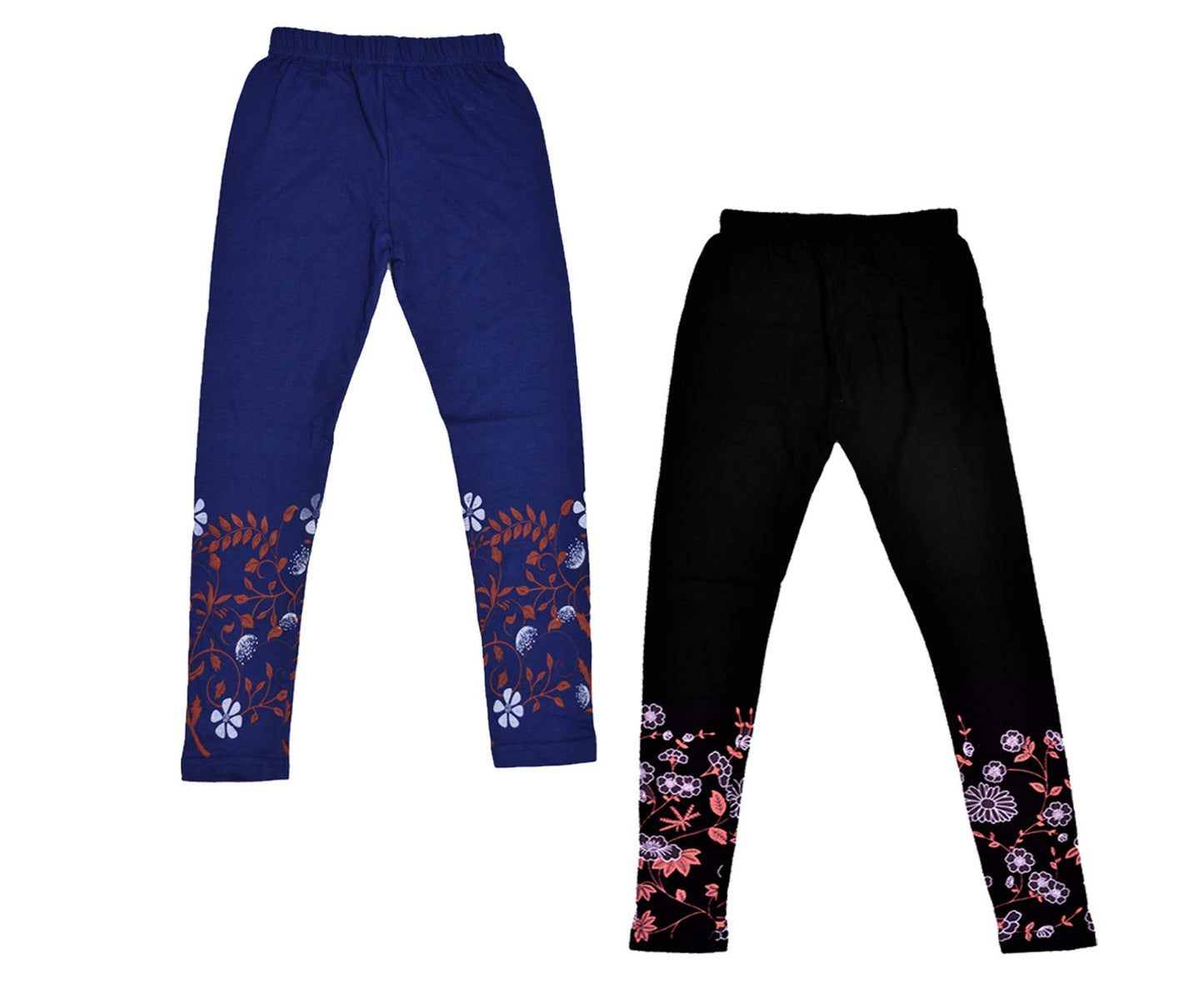 IndiWeaves Girls Cotton Printed Leggings (Black/Blue_56 Years) Pack of 2