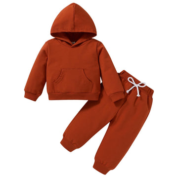 Happy Town Toddler Fall Outfits For Girl Boy Long Sleeve Hoodie Top And Long Sweatpants Set Toddler Sweatsuit (Solid Color-Brown