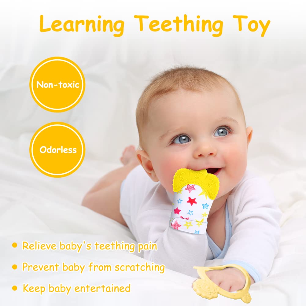 Vicloon Silicone Teething Mitt, 2Pcs Baby Teething Mitten, Baby Teething Toy with Adjustable Strap, Crinkle Sound and Textured,