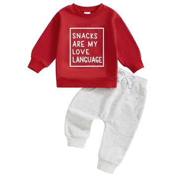 Baby Boy Fall Clothes Set Long Sleeve Letter Print Sweatshirt Pants Valentines Day Outfits 6 12 18 24 Months 2T (Snacks Red, 6-1