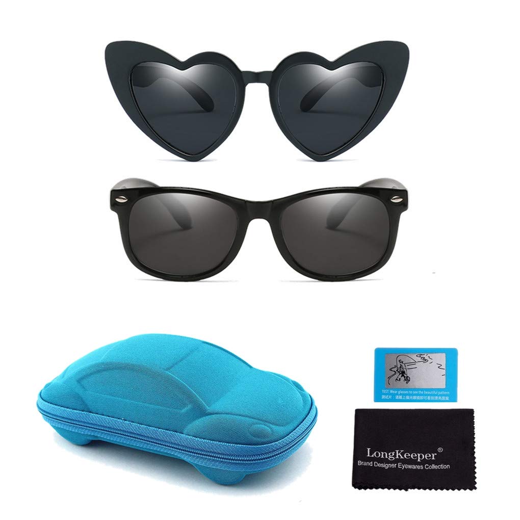Long Keeper 2 Pair Kids Unbreakable Polarized Classic Retro Sunglasses For Baby, Toddler, Children, Boys And Girls (Black+Black)