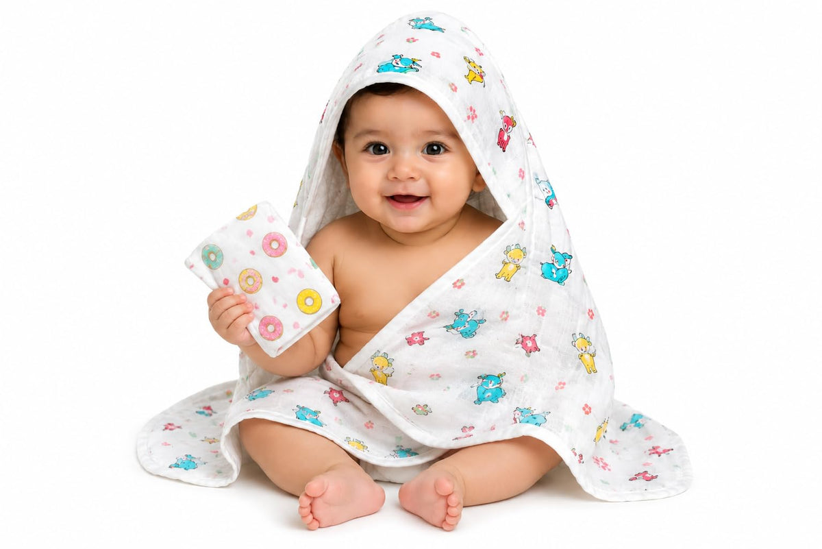 Baby Hooded Towel and Wipes 100% Pure Muslin Fabric Soft Smooth