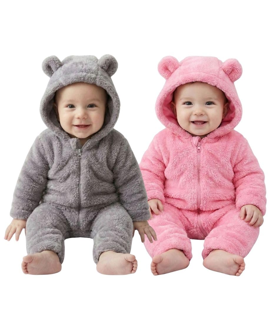 Baby Winter Fleece Romper, Hooded Bear Ears Design, Mint Green, FullZip Jumpsuit (2, Grey&Pink, 0309month)