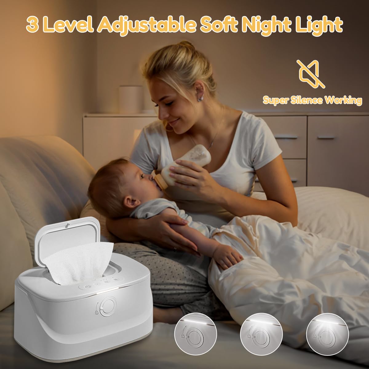 Baby Wipe Warmer With Night Light,Innovative Spring Design,Baby Wet Wipes Dispenser For Large Wipes,Wipes Warmer For Newborn Bab