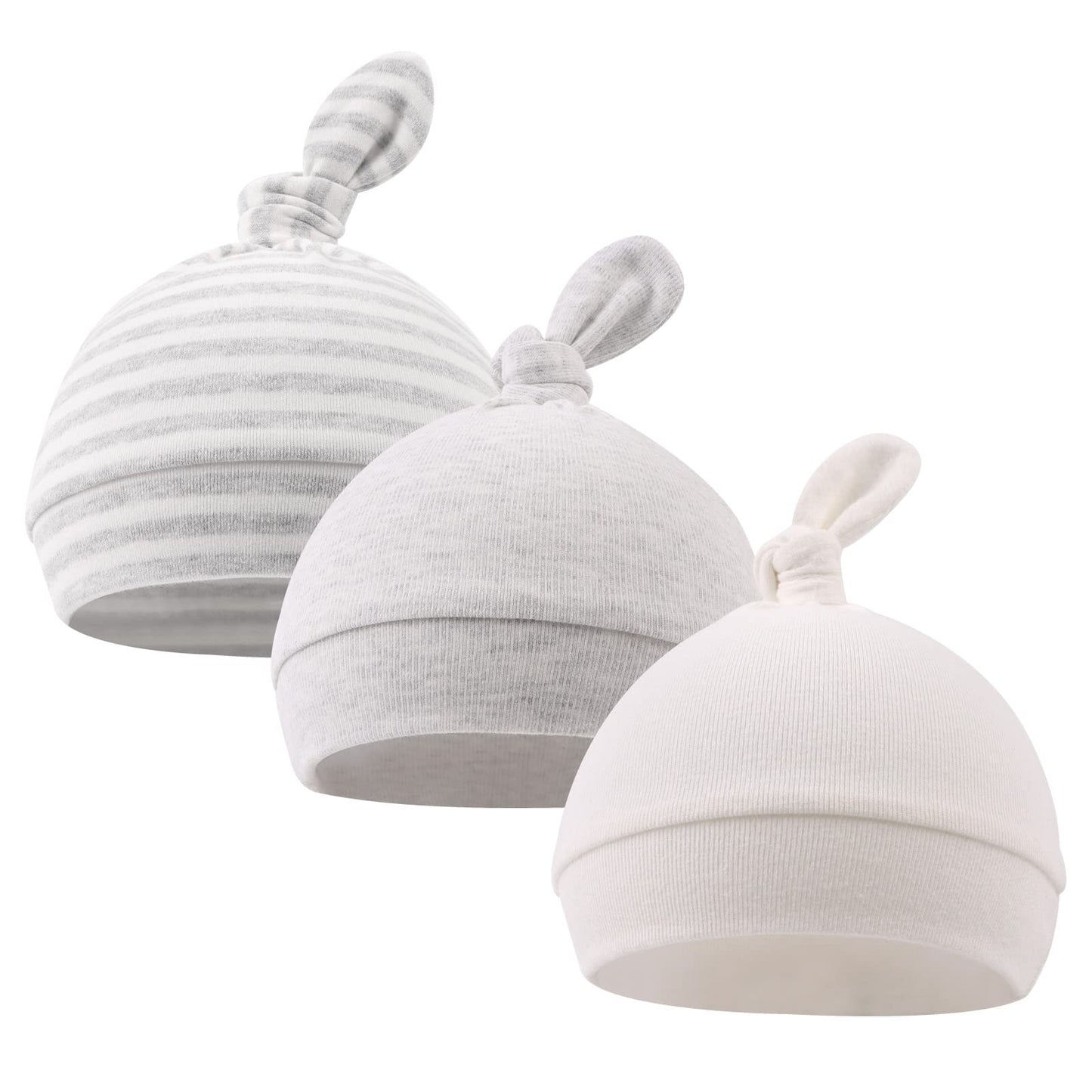 Original Cotton Newborn Hats For Girls Striped Preemie Baby Hats Bear Ears Infant Boys Beanies 0-3 Months (Knot(White+Gray+Gray