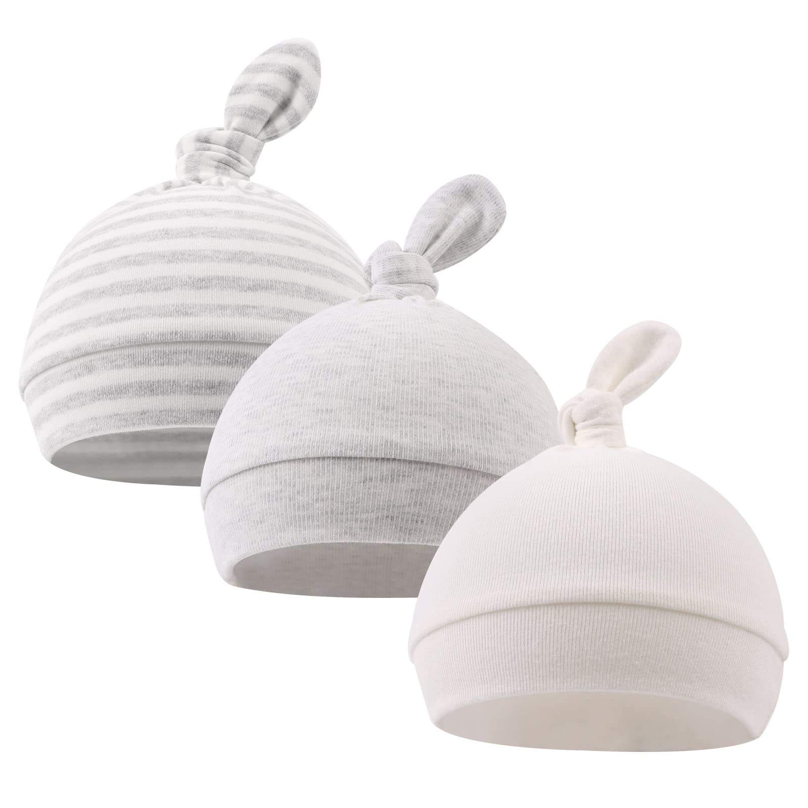 Original Cotton Newborn Hats For Girls Striped Preemie Baby Hats Bear Ears Infant Boys Beanies 0-3 Months (Knot(White+Gray+Gray