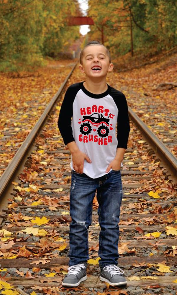 Boys Girls Valentine'S Day Shirt Monster Truck Heart Crusher Tee Shirt Toddler Valentines Tops Long Sleeve Raglan Graphic Tees S