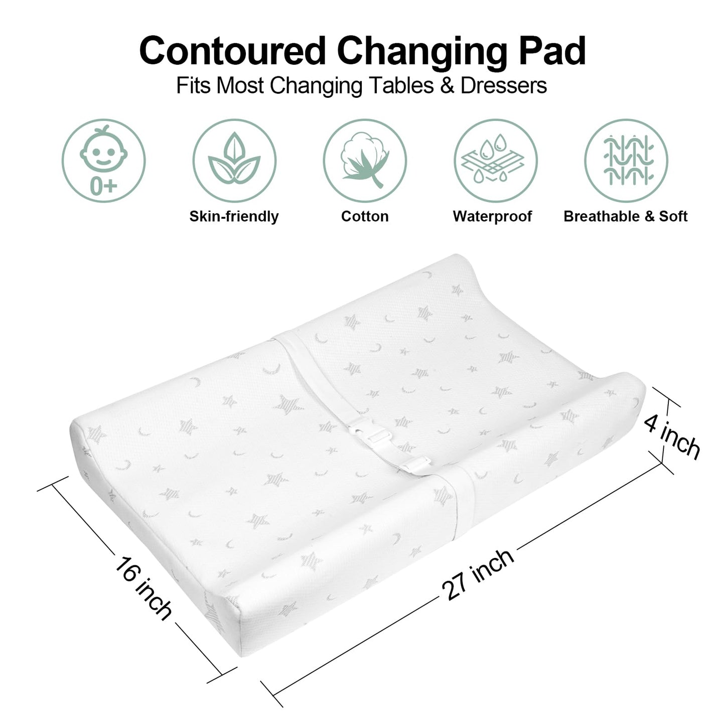 Mini Baby Changing Pad 27 X 16 With Cover For Combo Crib With Changer & Dresser, Waterproof & Non-Slip, Small Diaper Contoured F