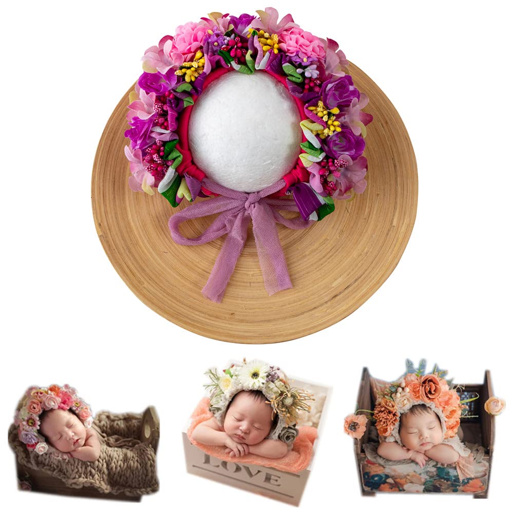 Vemonllas Newborn Photography Props Boys Girls Floral Sitter Hat Baby Photo Props Flowers Bonnet (Purple)
