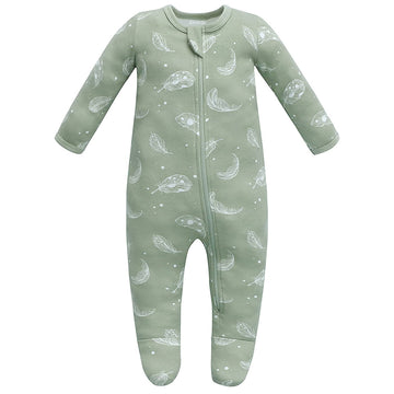 Owlivia Organic Cotton Baby Pajamas, Boys Girls Zip Front Sleep 'N Play, Footed Sleeper, Long Sleeve (Newborn, Feather)