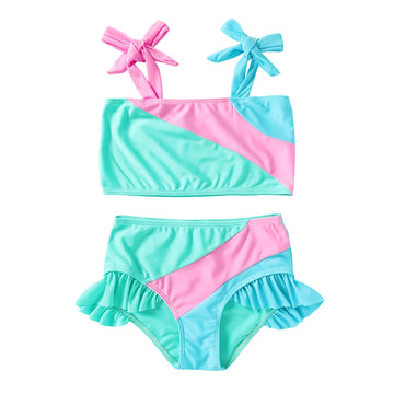 Younger Tree Toddler Girls Two Pieces Swimsuit Color Block Stripe Swimwear Summer Beach Bathing Suit (Green 4-5T)