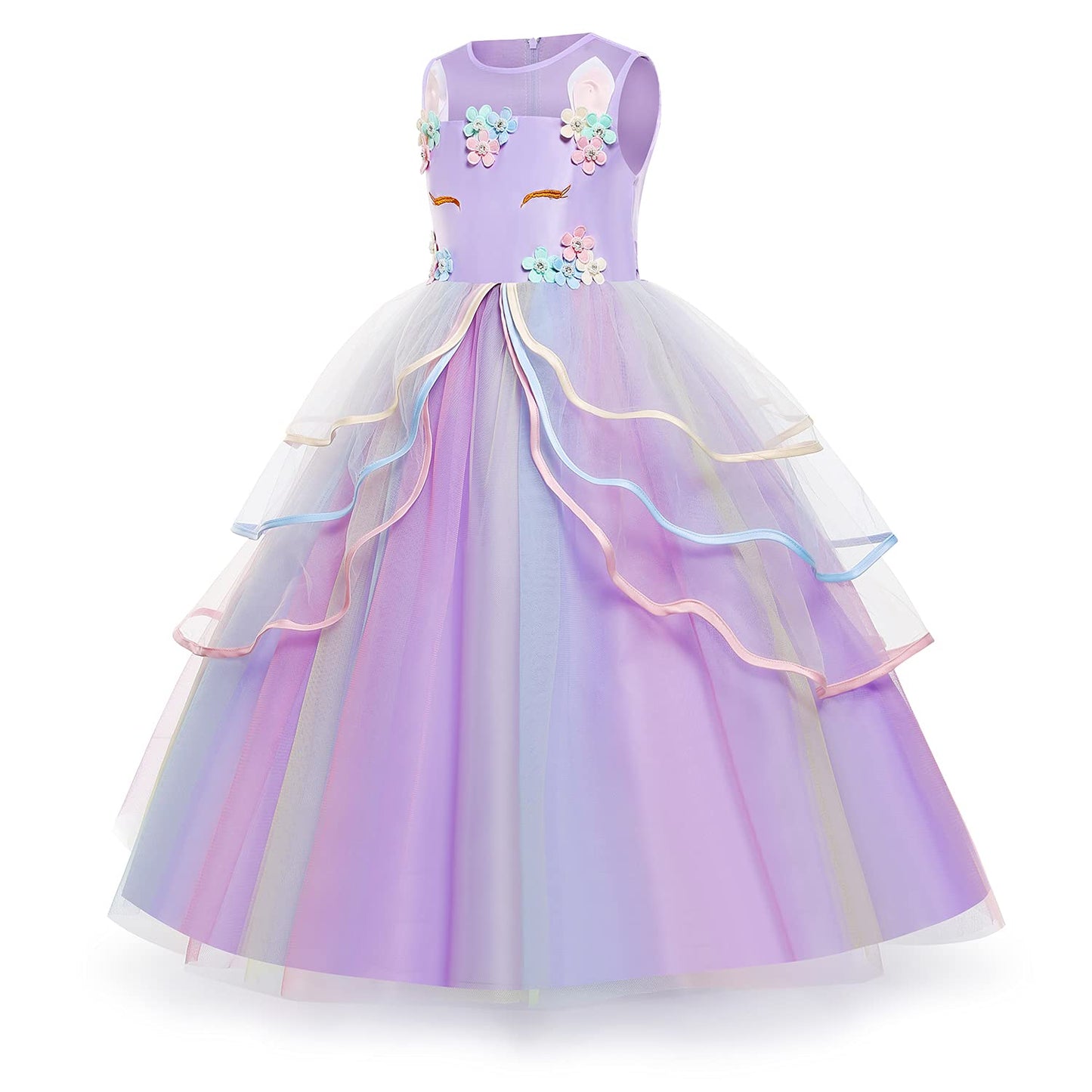 Yipkorra Unicorn Dress For Girls Unicorn Costume Pageant Princess Party Birthday Long Gown With Headband & Necklace (Purple, 170