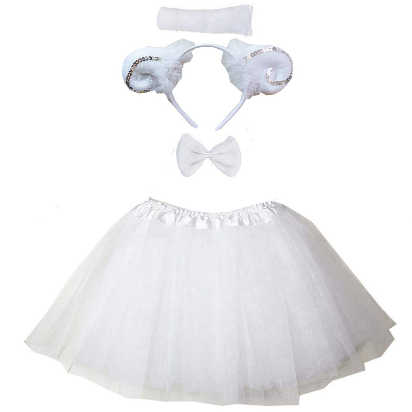 Kirei Sui Kids Animal White Sheep Ears Headband Bowtie Tail & Tutu Costume 4 Pieces Dress Up Set